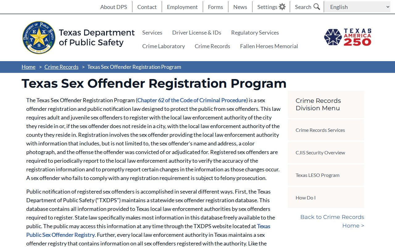 Texas registration program information distinct from Runnels County arrest lookup records