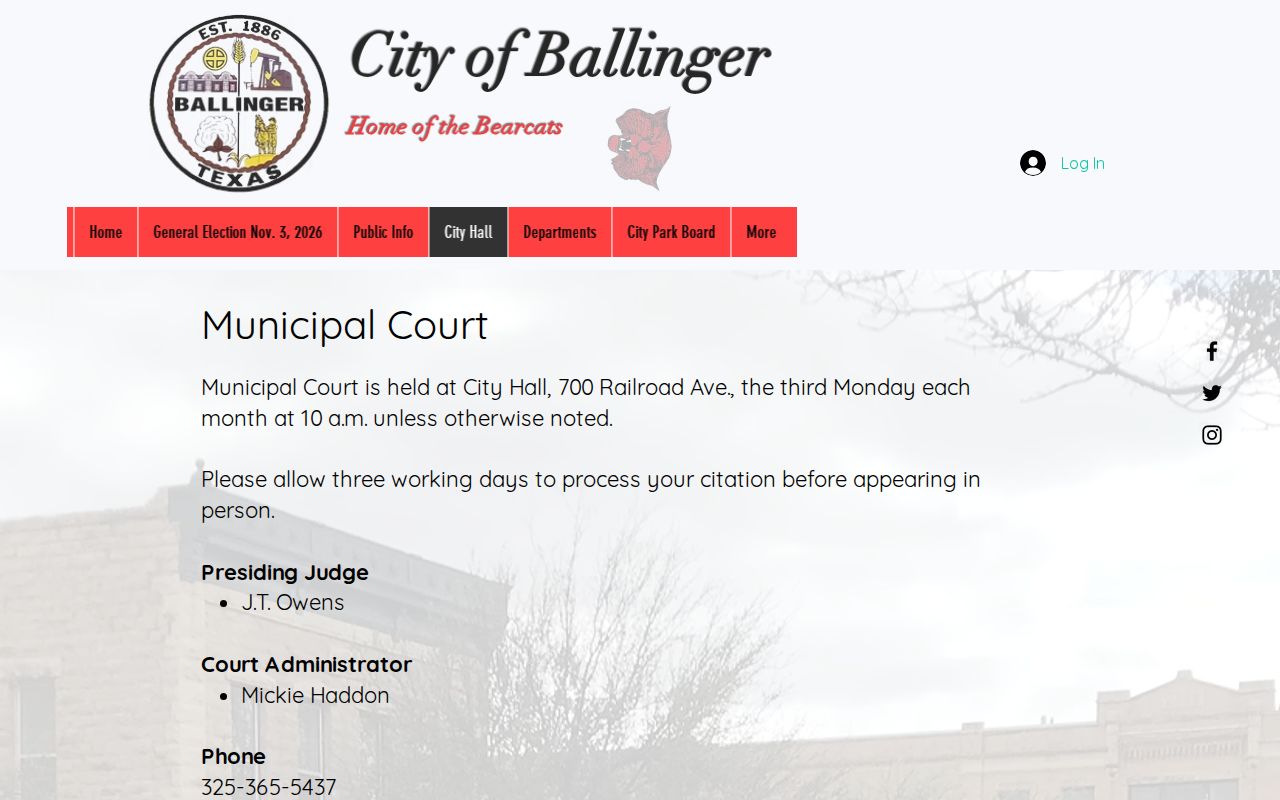 Ballinger Municipal Court criminal records schedule and contact