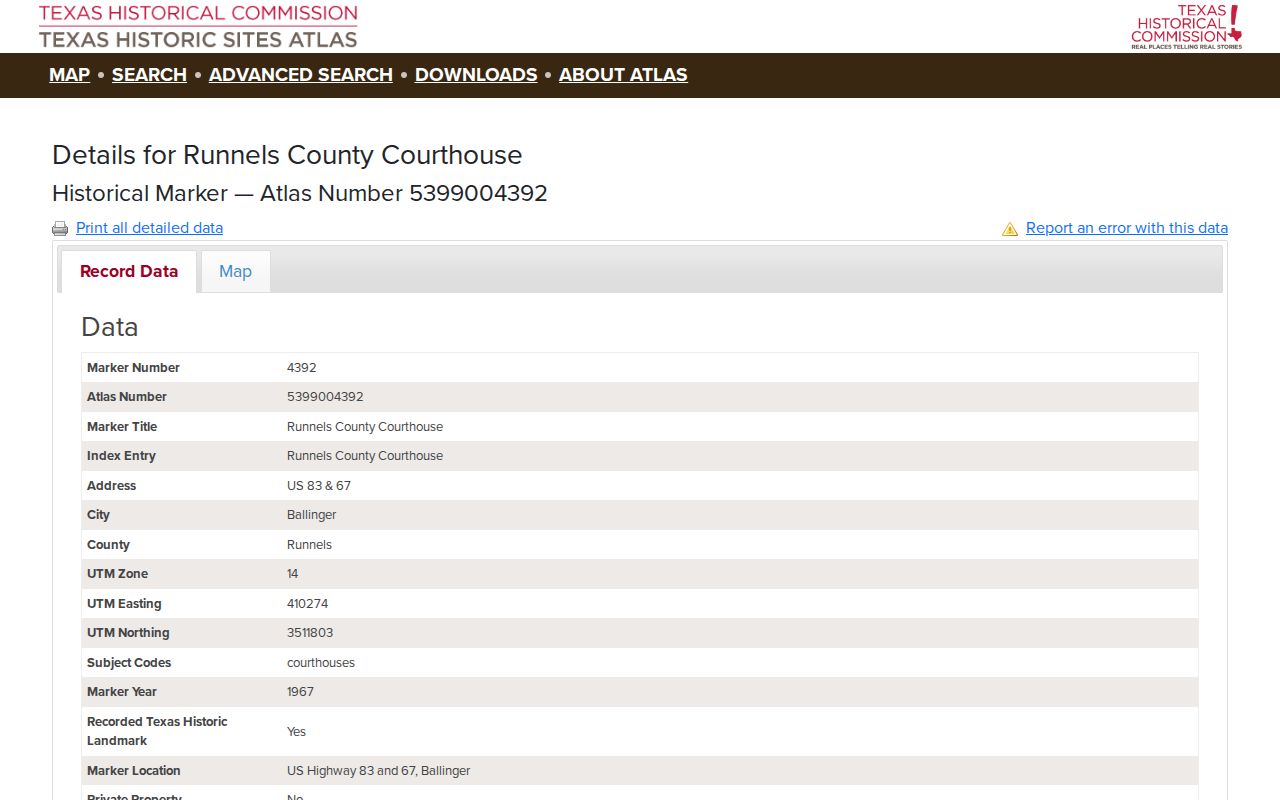 Runnels County criminal records courthouse source for Winters cases routed to Ballinger